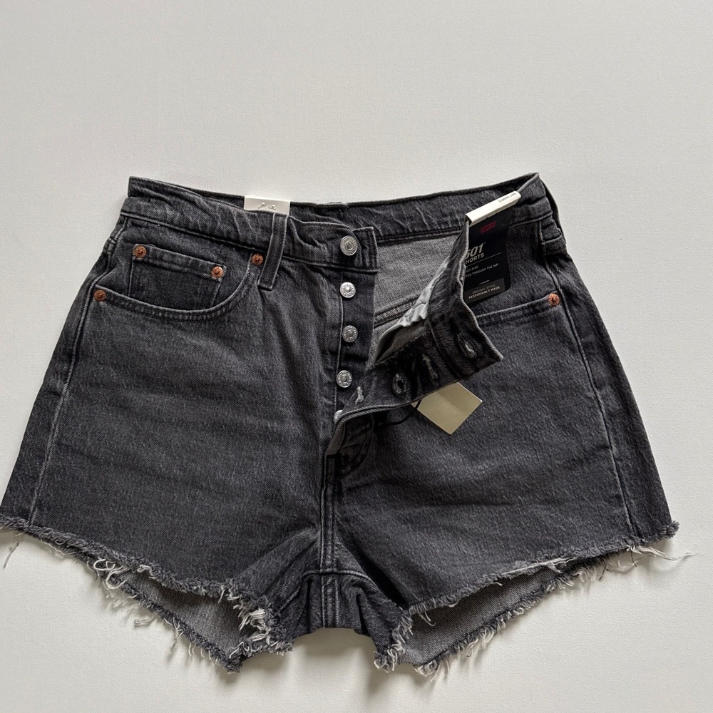 Levis 501 Original High Rise Denim Shorts Charcoal Grey Raw Hem 28 NEW - Picture 5 of 9